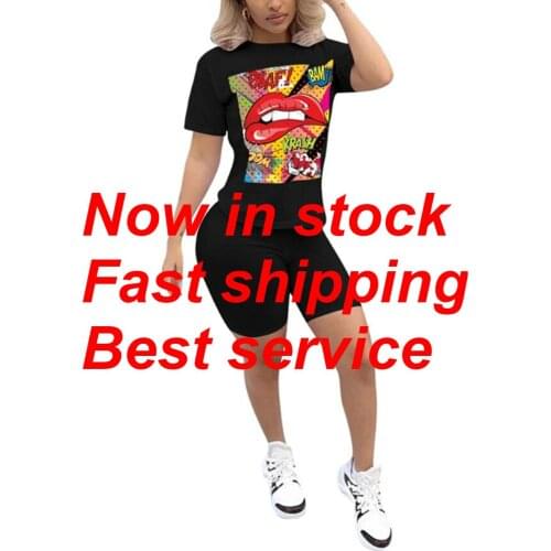 Women Casual 2 Piece Shorts Outfits, Funny Red Lips Printed T-shirt Top + Tight Short Pant Clothes Sets
