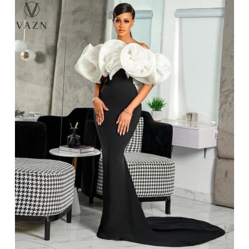 VAZN 2021 Hot Black White Patchwork High-end Slash Neck Short Sleeve Sexy Club Sweet High Waist Women Mermaid Maxi Dress
