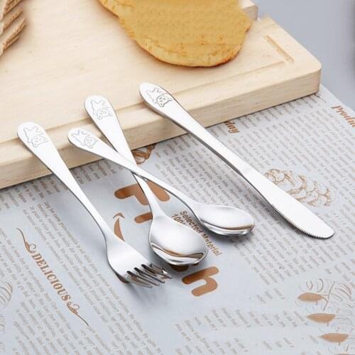 Baby Dishes Teaspoon Spoon Fork Knife Utensils Set Stainless Steel Baby Kids Learning Eating Habit Children Tableware