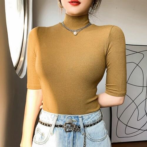 White Top With Sleeves T Shirt For Women 2021 Turtleneck Ladies Minimalism Black Tshirt Korean Elastic Slim Autumn Red Clothes