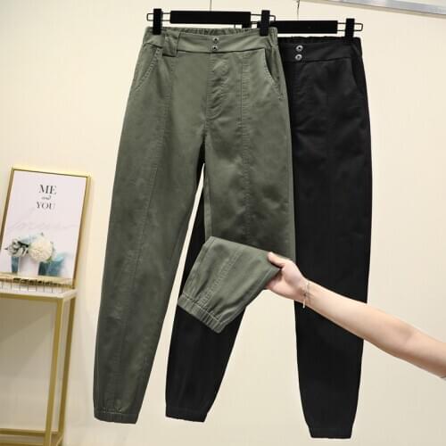 Cargo Pants Women High Waist Plus Size Casual Loose Broadcloth Elastic Waist Ankle-length Army Green Black Trousers Women