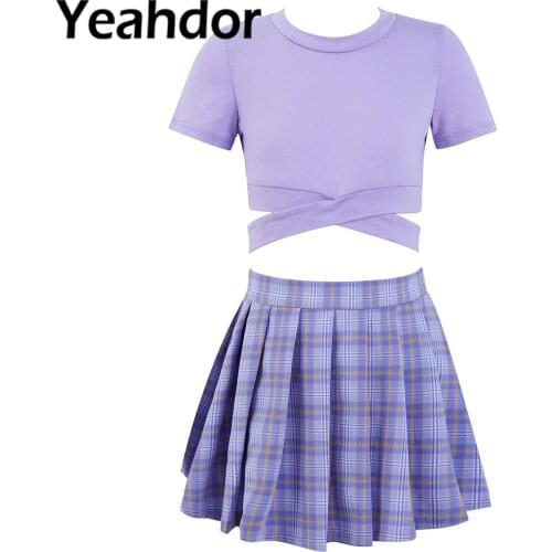 2Pcs Kids Girls Children Gym Sportwear Outfit Round Neck Short Sleeves Cross Sash Crop Tops with Plaid Print Pleated Skirt Set