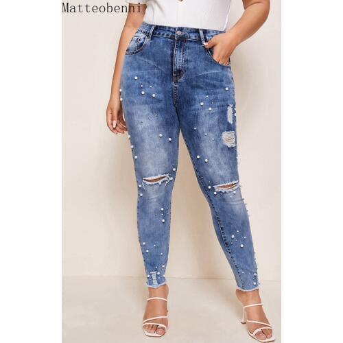 New High Waist Beaded Skinny Jeans Women Vintage Denim Pants Sexy Ripped Pencil Pants Casual Trousers Autumn Mom Jeans Plus Size