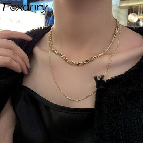 Foxanry 925 Sterling Silver Clavicle Thick Chain Sweater Necklace New Fashion Gold Plated Double-layered Party Jewelry Gifts