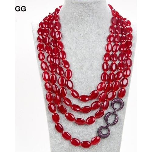 GuaiGuai Jewelry 20''-29" 4Strands Oval Red Jade CZ Pave Connector Necklace