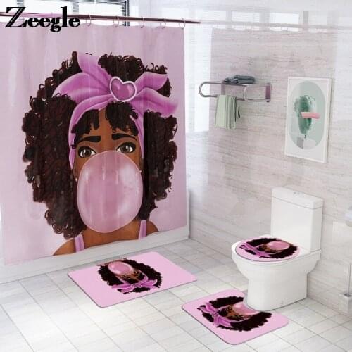 Cartoon Bath Mat Shower Curtain Mat Anti Slip Bathroom Toilet Mat Set Absorbent Shower Curtain Microfiber Carpet