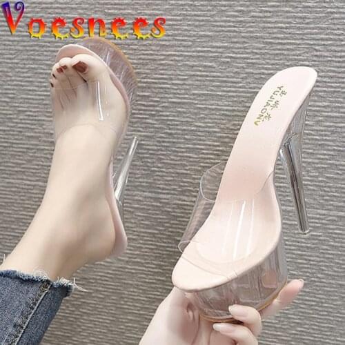 Voesnees 2021 Summer New Shoes Slippers Womens Super High Heels Waterproof Platform Sexy Fine Heel Transparent Sandals