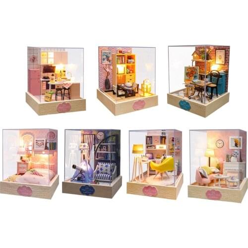 Mini Wooden Dollhouse Miniature w/ LED Light Furniture Xmas Gift for Kid