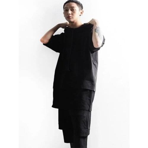 Mens summer new stitching design mens short sleeve T-shirt hooded drawstring loose half sleeve T-shirt