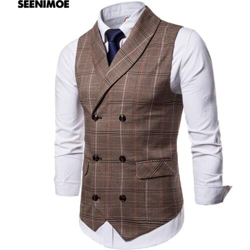 Seenimoe Mens Stripe Plaid Formal Blazer Vests Casual Double Breasted V-neck Fashion M-4XL Male England Style Casual Vests