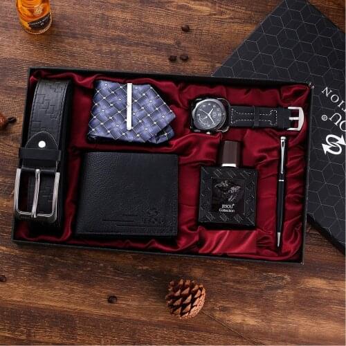 Mens Boutique Gift Set Belt + Wallet + Tie + Perfume + Belt Quartz Watch + Pen Fashion Male Wristwatches Clock