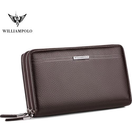 WILLIAMPOLO Leather Vintage Solid Clutch Bag Phone Cases Brand Mens Wallet Double Zipper Genuine Leather Bag PL163