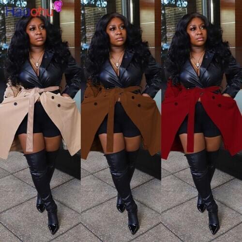 HAOOHU Autumn Women Windbreaker Full Sleeve Sashes Lapel PU Leather Patchwork Casual Trench Coat Outwear