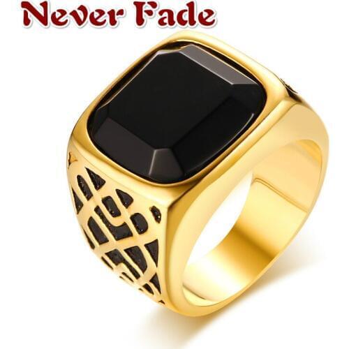 316L Never Fade Men Square Black Carnelian Semi-Precious Stone Signet Ring in Gold Tone for Male Jewelry Anillos Accessories