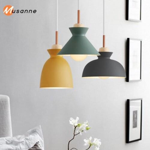 Nordic Pendant Lights Dining Room Pendant Lamps Colorful Restaurant Coffee Bedroom Lighting Iron+Solid Wood E27 Holder