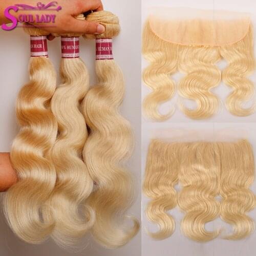 Soul Lady 613 Bundles With Frontal Brazilian Body Wave With Frontal Remy Human Hair 30 inch Honey Blonde Bundles With Frontal