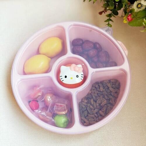 5-Grid Plastic Plates with Lid Dessert Plate Japanese Snacks Candy Box Storage Tray Dried Fruit Box Kitty Cat Cute Cartoon Pink