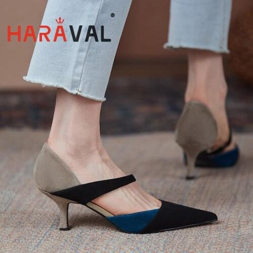 HARAVAL Women Pumps Shoes Kid Suede High Heels Pointed Toe Patchwork Casual Black Blue ELEGANT Soft Comfortable Slip-On B212