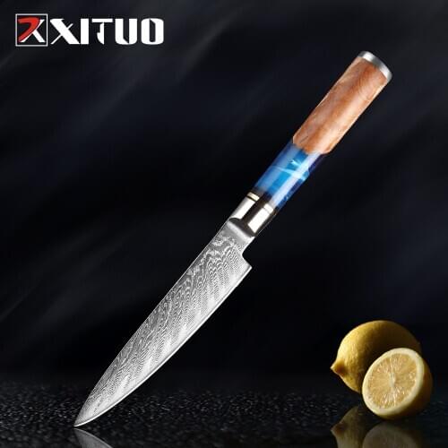 XITUO Damascus Steel VG10 Utility Knife Chef Knife Paring Vegetable Kitchen Knife Blue Resin Color Wood Handle Cooking Tool