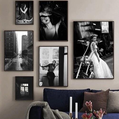 Black White Woman Car Street Cloud Door Vintage Nordic Poster Wall Art Print Canvas Painting Wall Pictures for Living Room Decor