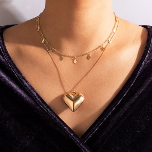 HuangTang Vintage Gold Color Heart Pendant for Women Fashion Double Layer Geometric Tassel Clavicle Chain Charms Jewelry 17349
