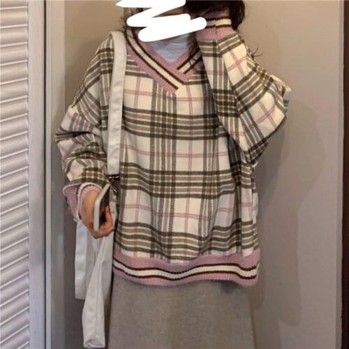 Womens Sweaters New Retro Hong Kong Style Hit Color Plaid Loose V-neck Plus Velvet Long-sleeved Korean Version Vintage Harajuku