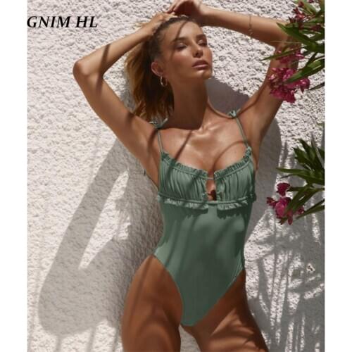 GNIM One Piece Swimsuit Women Sexy Solid Backless Bandage Swimwear Push Up Bikini Swim Bathing Suit New Arrival 2021 Monokini
