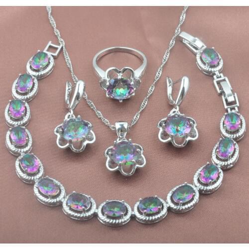 Womens Wedding Jewelry Set Summer Accessories Bracelet Silver Color Necklace And Earrings Ring Set YZ0369