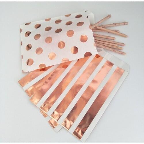500pcs Assorted Rose Gold Metallic Paper Bags 5 x 7.5 Inch Flat Kraft Paper Foil Rose Polka Dots Stripes Wedding Candy Buffets