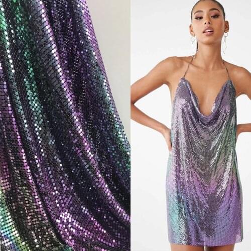60 X18 inches Blue Iridescent Metal Mesh Fabric Metallic Sequin Sheet Sequined Loop Square For DIY Dress Curtain Table Cloth Bag