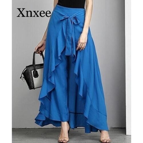 Long pants Women blet Knot Tie Waist Ruffle Pants Pure Color Long Skirt Style Elegant Wide Leg Pants Plus Size blue ankle length
