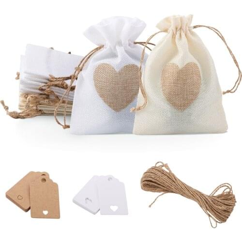 30pcs Burlap Bags Drawstring Gift Packing Pouches Kraft Paper Price Tags Hemp Cord for Jewelry Packaging Wedding Candy