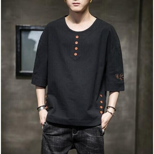 Large Size Summer Black Cotton Linen Loose T Shirts For Mens Loose Blouse Chinese Style White Flax Zhongshan Fu Dress For Stout