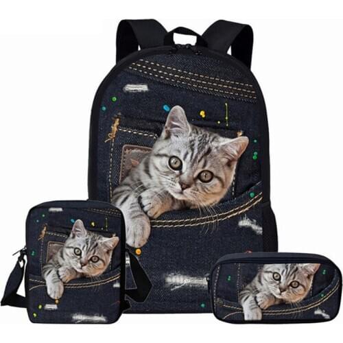 Customized Adorable set 3D Kitty Cat Student School Bags PatternBackpack Pencil Book Bag Teenagers Rucksack