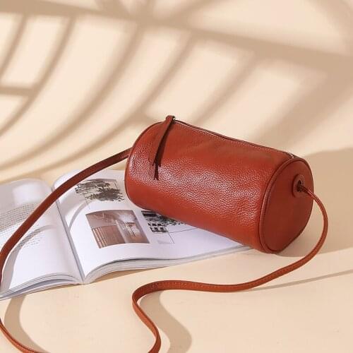 Casual Fashion Genuine Leather Womens Crossbody Bags Small Shoulder Messenger Bag Barrel-shaped Sling Bag Beg