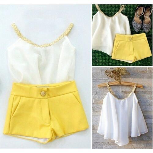 Pudcoco Cute Baby Clothes Todder Kids Girls Chiffon White Sleeveless Tops + Yellow Shorts 2Pcs Outfits Set Costume For 2-10Year