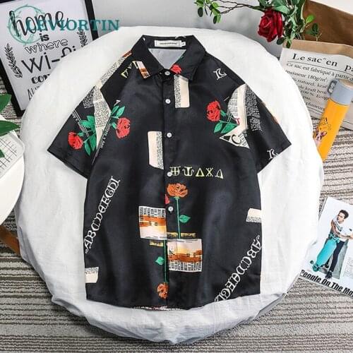 Short Sleeve Shirt Mens Personality Loose Trend Handsome Korean Printed Rose Flower Top Short Sleeve Shirt Mens Fashion