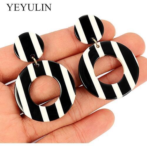 New Trendy Black-White Stripes Large Acrylic Drop Earrings For Women Geometric Big Acetic Acid Dangle Earrings Girl Accessories