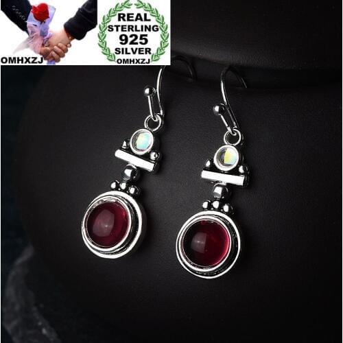 OMHXZJ Wholesale European Fashion Woman Girl Party Wedding Gift Round Agate Moonstone S925 Sterling Silver Drop Earrings EA357