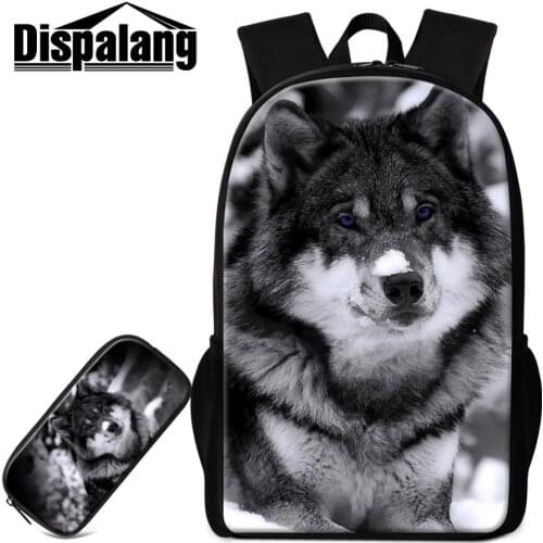 Dispalang Zoo Animals Wolf Printing School Bags Fox Horse Boy Custom Backpack 2 PCS Set Mochila Escolar Pencil Case For Students