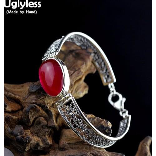 Uglyless Vintage Ethnic Hollow Bangles for Women Oval Chalcedony Bracelets Thai Silver 925 Sterling Silver Fine Jewelry BR324