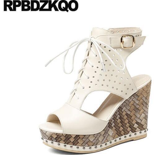 High Heels Fetish Booties Wedge Sandals Platform Luxury Lace Up Pumps Genuine Leather Shoes Peep Toe White Rivet Boots Women