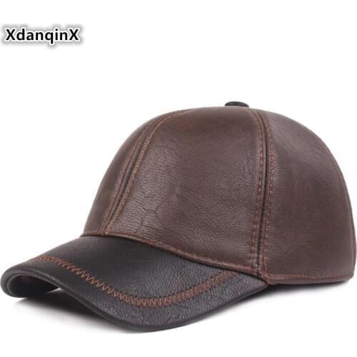 XdanqinX Mens Winter Fur Hat Simple PU Imitation Leather Baseball Caps Men Earmuffs Hat Adjustable Size Brands Cap Snapback Cap