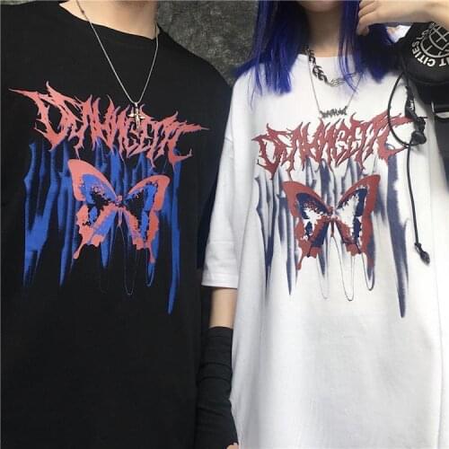 Harajuku Gothic Butterfly Print T Shirt Women Summer Short Sleeve Streetwear Tops Loose Casual Tee Oversized T Shirt Clothes