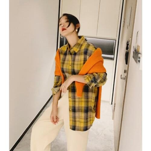 Women Oversize Plus Size Plaid Checked Print Shirt Blouse Top Clothes Long Sleeve Korean Femme Casual Outer Spring Autumn Loose
