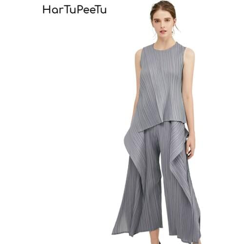 Irregular Women Casual Sets Sleeveless Top and Wide Leg Pants Pleated Suit 2020 Spring Summer Plus Size Solid Female Chothing