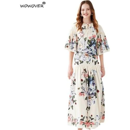 Europe Style Fashion Woman Clothes Runway Designer Floral Print White Long Maxi Holiday Dress Casual Vintage Beach Loose Vestido