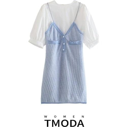 TMODA1308 2021 New Women Spring Summer Za Dress Chic Splicing Knitted Dress Short Sleeve Casual Elegant Mini Dresses Vestidos