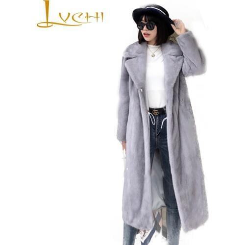 LVCHI Winter 2019 Import Swan Velvet Real Mink Fur Coat Pocket Milk Womens Natural Fur Turn Down Collar Loss Long Mink Coats
