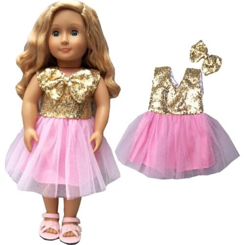 18inch american doll sequin pink lace dress with bow new born baby doll clothes out wear
